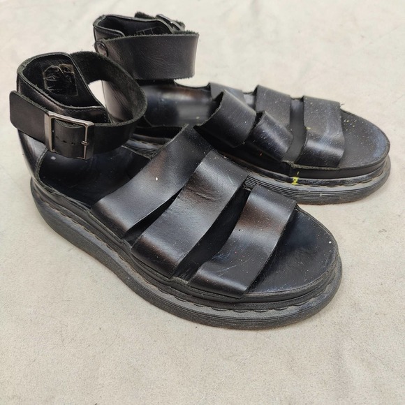 Dr. Martens Shoes - Dr Martens Clarissa Sandals Womens 7 Black Leather Platform Gladiator FLAWS